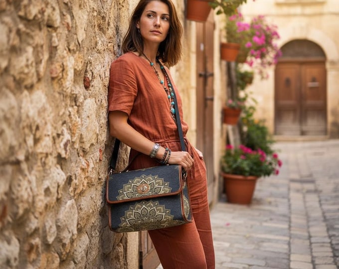 Black Gold Mandala Crossbody Bag | Waterproof Canvas Satchel, Dark Bohemian Messenger Purse