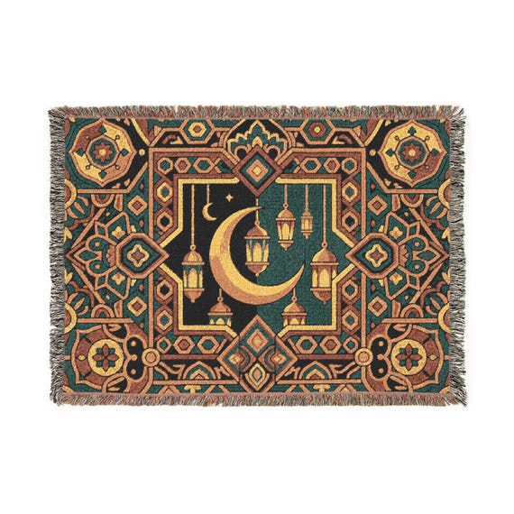 Crescent Moon Lanterns Woven Blanket | Ramadan Islamic Throw