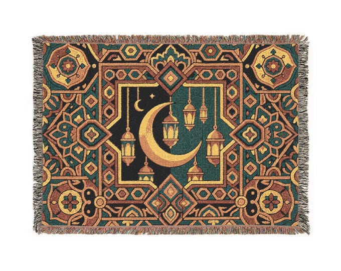 Crescent Moon Lanterns Woven Blanket | Ramadan Islamic Throw