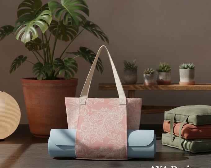 Pink Floral Yoga Mat Bag – Vintage Rose Lace Cotton Linen Tote (AYA Design)