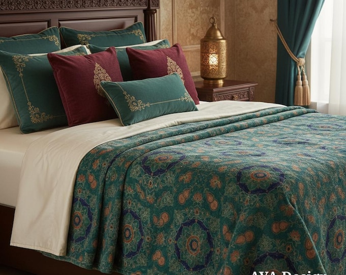 Emerald Green Mandala Fleece Blanket, Bohemian Bandhani Print Sofa Throw