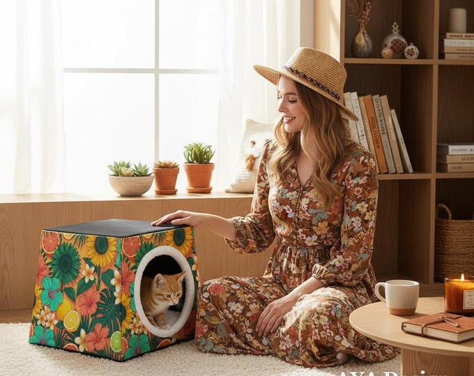 Tropical Floral Cat Cave Bed, Enclosed Pet Hideaway, Boho Washable Tent Capsule