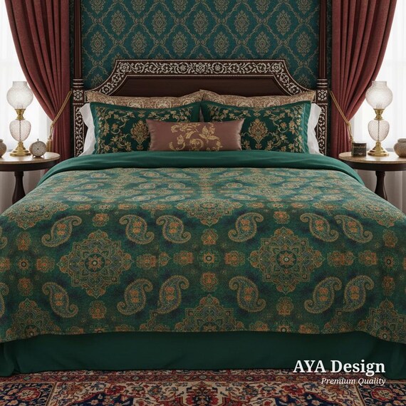 Emerald Green Mandala Throw Blanket | Boho Paisley Fleece Couch Cover