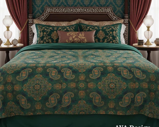 Emerald Green Mandala Throw Blanket | Boho Paisley Fleece Couch Cover
