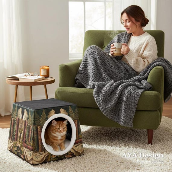 Dark Academia Cat Cave Bed | Vintage Library Fern Pet Tent, Cozy Bookish Sanctuary