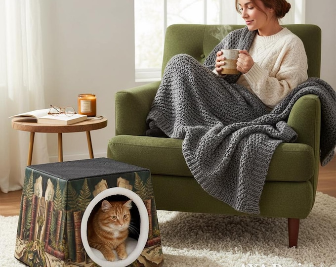 Dark Academia Cat Cave Bed | Vintage Library Fern Pet Tent, Cozy Bookish Sanctuary