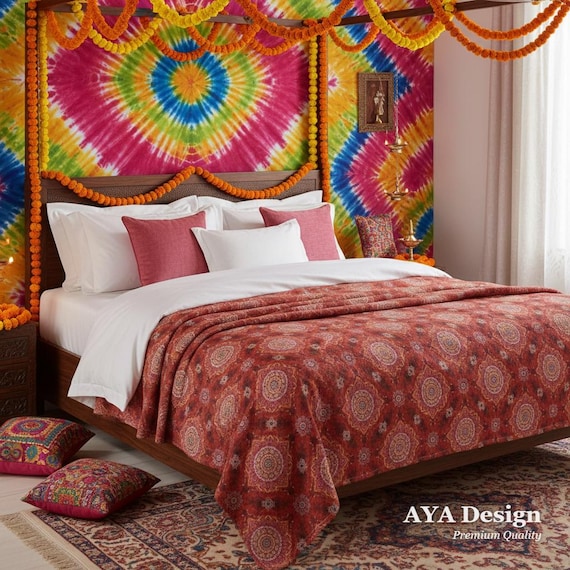 Ultra-Soft Chunri Print Fleece Blanket | Red Bandhani Boho Throw | Desi Home Decor