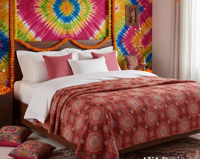 Ultra-Soft Chunri Print Fleece Blanket | Red Bandhani Boho Throw | Desi Home Decor