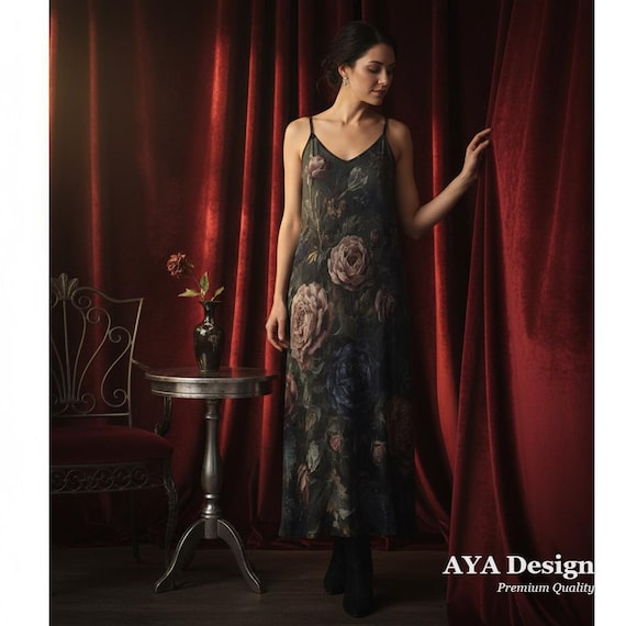 Dark Floral Slip Dress, Whimsigoth Romantic Gown, Midnight Blue Orchid Witchy Clothing