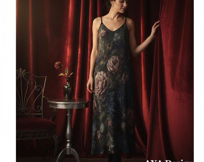 Dark Floral Slip Dress, Whimsigoth Romantic Gown, Midnight Blue Orchid Witchy Clothing