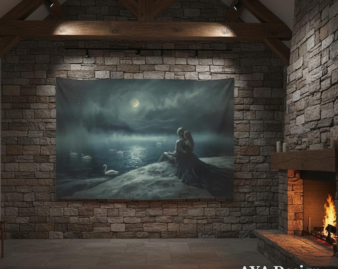 Dark Academia Tapestry Swan Lake - Knight Princess Moonlit Medieval Fantasy Wall Art