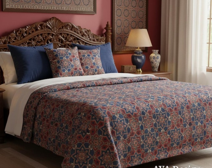 Ajrakh Fleece Blanket | Sindhi Block Print Throw | Bohemian Ethnic Couch Decor