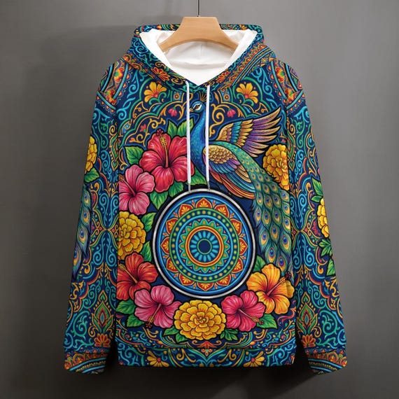 Peacock Floral Mandala Hoodie, Psychedelic Boho All-Over Print Sweatshirt