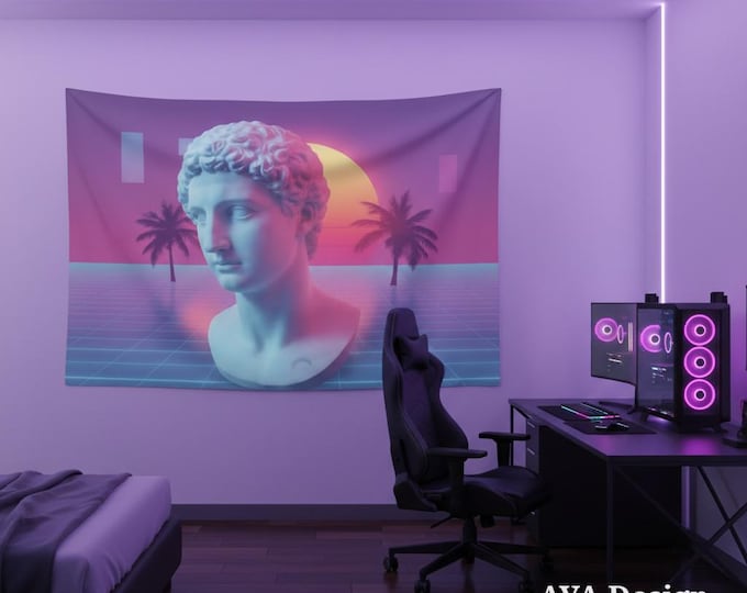 Vaporwave Tapestry, Greek Statue Neon Sunset, Lofi Room Decor Wall Hanging