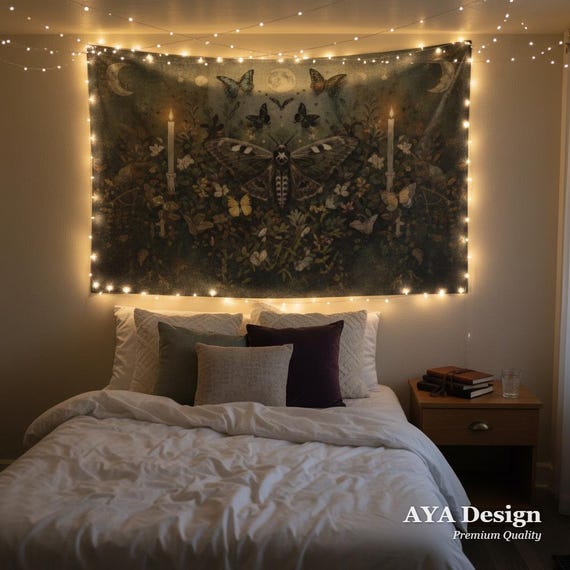 Dark Academia Moth Tapestry, Moody Botanical Moon Phase Wall Hanging