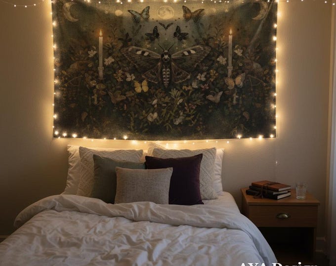 Dark Academia Moth Tapestry, Moody Botanical Moon Phase Wall Hanging