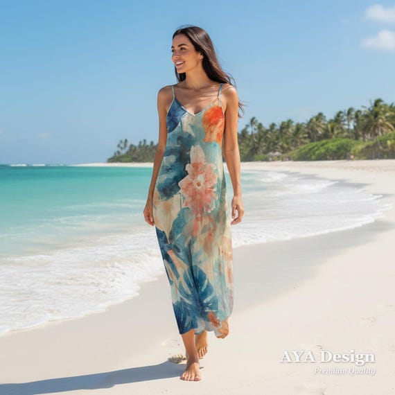 Tropical Watercolor Maxi Dress | Boho Floral Slip Sundress, Flowy Resort Wear