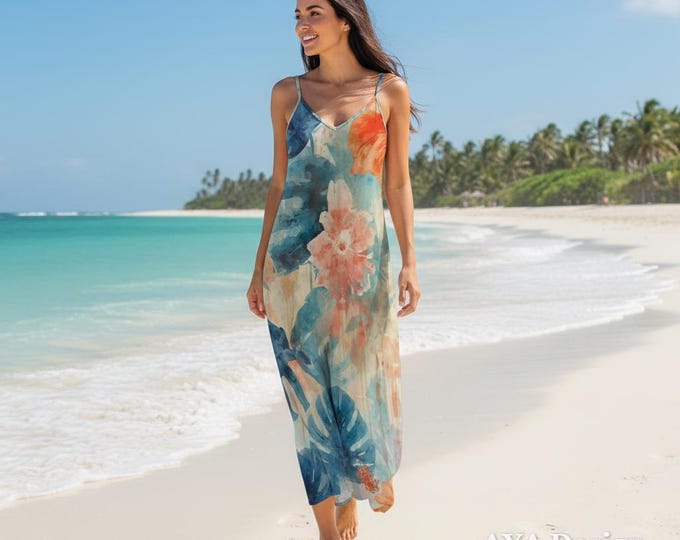 Tropical Watercolor Maxi Dress | Boho Floral Slip Sundress, Flowy Resort Wear