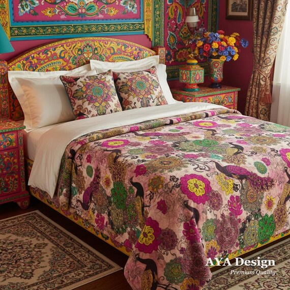 Pakistani Truck Art Peacock Mandala Blanket | Psychedelic Floral Fleece Throw