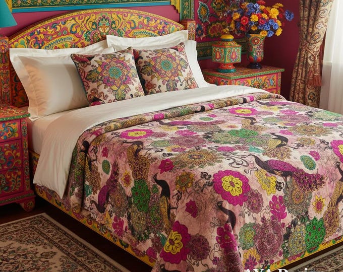 Pakistani Truck Art Peacock Mandala Blanket | Psychedelic Floral Fleece Throw