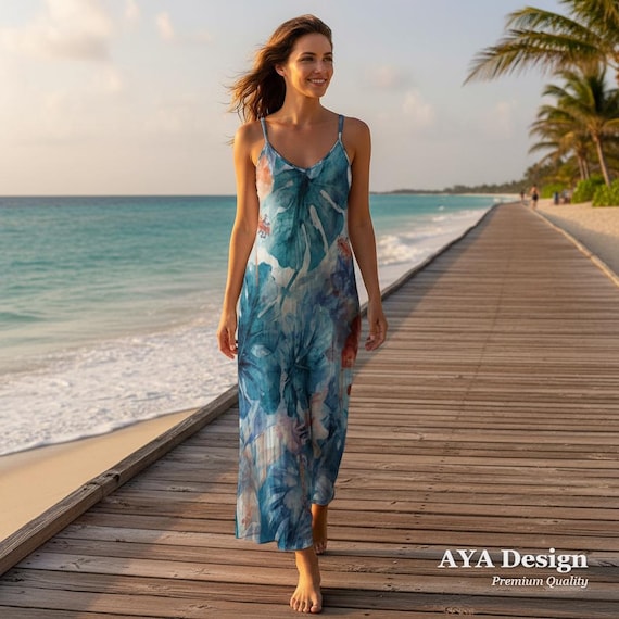 Tropical Watercolor Maxi Dress | Boho Beach Summer Resort Wear (Plus Size)