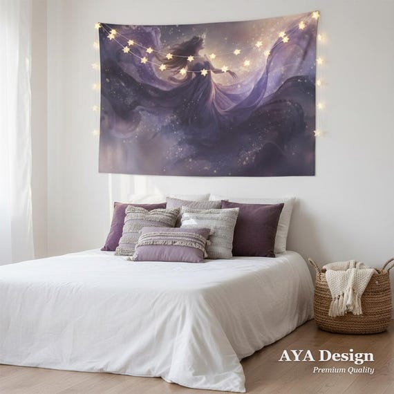 Celestial Moon Queen Tapestry – Art Nouveau Anime Goddess Wall Hanging