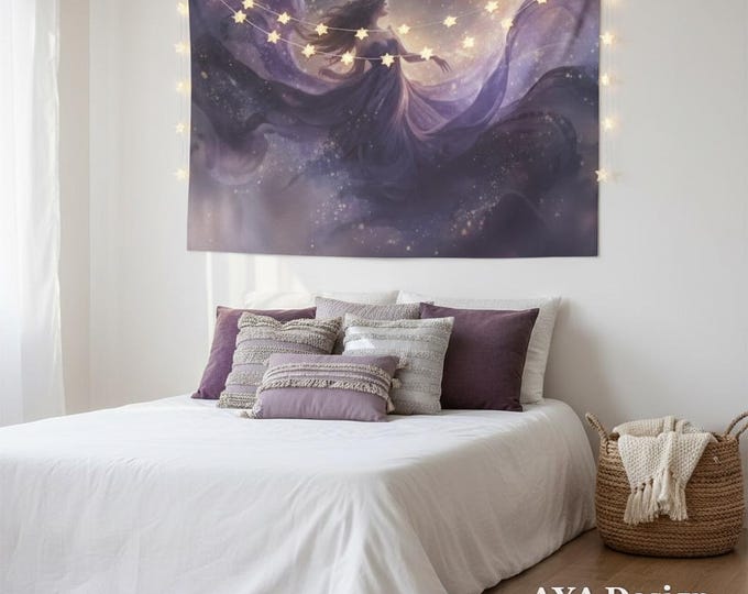 Celestial Moon Queen Tapestry – Art Nouveau Anime Goddess Wall Hanging