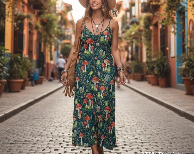 Enchanted Forest Frog Mushroom Maxi Dress, Whimsical Cottagecore Sling Sun Dress