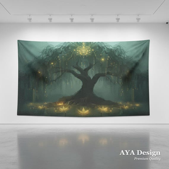Enchanted Forest Tapestry, Teal Gold Willow Tree Wall Art, Whimsigothic Bedroom Decor