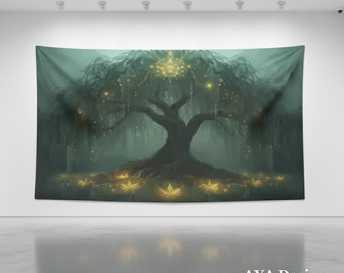 Enchanted Forest Tapestry, Teal Gold Willow Tree Wall Art, Whimsigothic Bedroom Decor