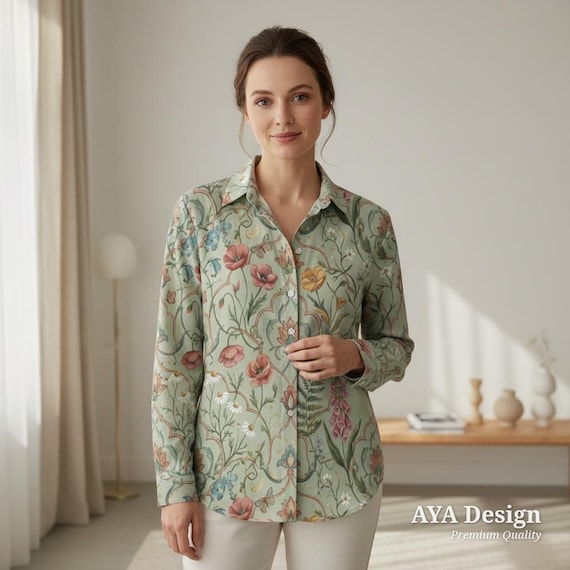 Sage Botanical Button Up Shirt, Vintage Floral Art Nouveau Blouse