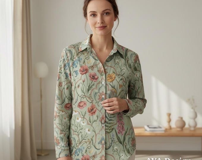 Sage Botanical Button Up Shirt, Vintage Floral Art Nouveau Blouse