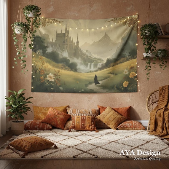 Fantasy Castle Tapestry, Vintage Storybook Meadow Art, Magical Journey Decor, Cozy Dorm Room Hanging