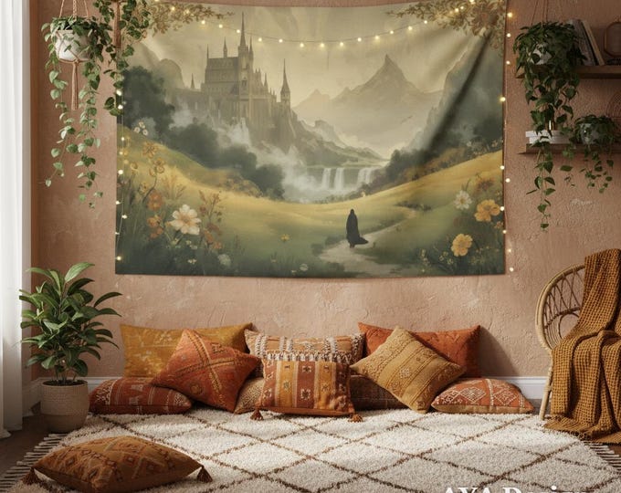 Fantasy Castle Tapestry, Vintage Storybook Meadow Art, Magical Journey Decor, Cozy Dorm Room Hanging