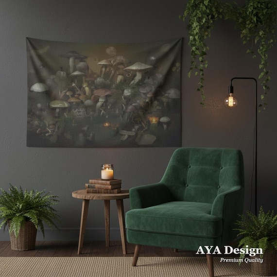 Dark Academia Mushroom Tapestry | Vintage Botanical Forest Wall Hanging (60"x40")