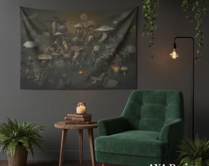 Dark Academia Mushroom Tapestry | Vintage Botanical Forest Wall Hanging (60"x40")