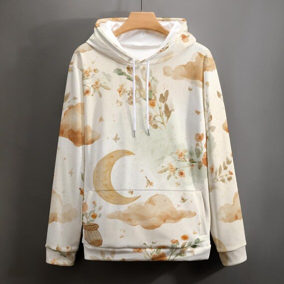 Boho Watercolor Moon Cloud Hoodie | Celestial Floral Sweatshirt, Cozy Loungewear