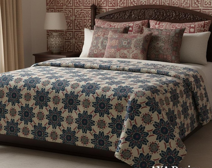 Ajrak Print Fleece Blanket | Sindhi Block Style Cozy Throw | Pakistani Cultural Home Decor