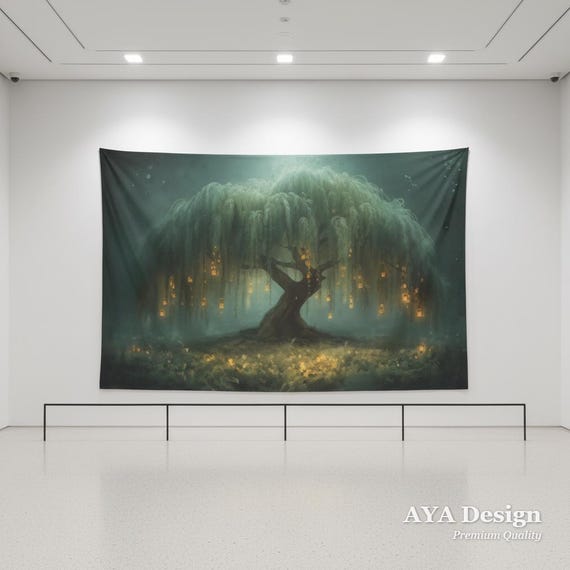 Enchanted Willow Tree Tapestry – Teal Gold Fantasy Woodland Wall Art