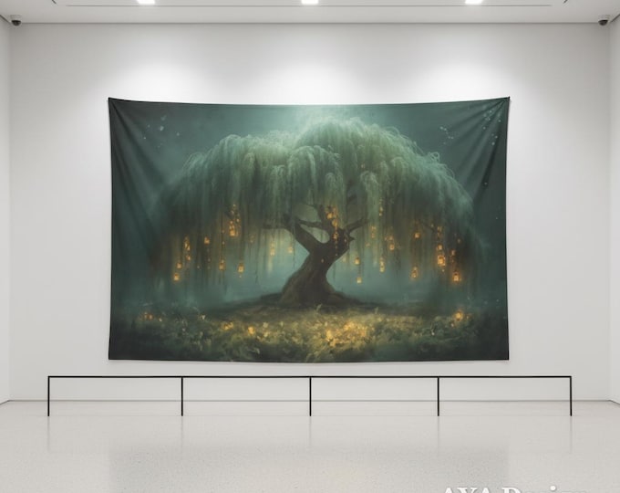 Enchanted Willow Tree Tapestry – Teal Gold Fantasy Woodland Wall Art