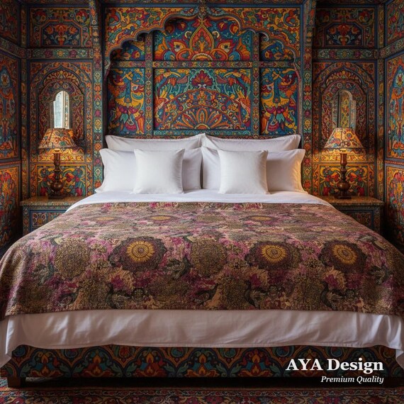 Pakistani Truck Art Micro Fleece Blanket, Maximalist Boho Throw, Vibrant Psychedelic Floral Home Decor