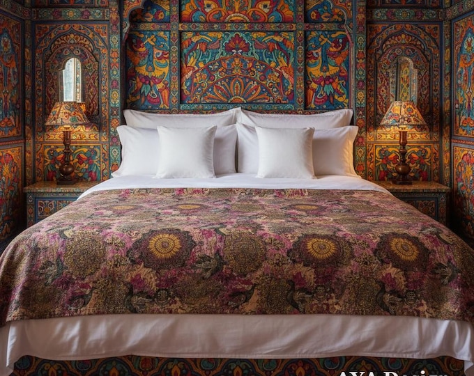 Pakistani Truck Art Micro Fleece Blanket, Maximalist Boho Throw, Vibrant Psychedelic Floral Home Decor