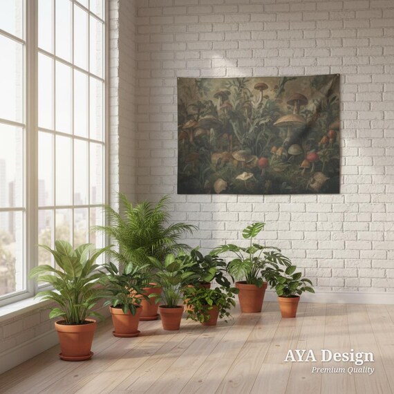 Dark Academia Mushroom Tapestry | Vintage Botanical Fungi Art Wall Hanging