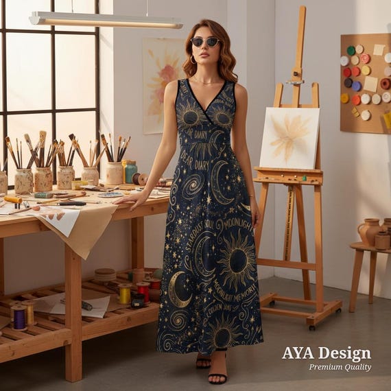 Celestial Sun Moon Maxi Dress, Boho Witchy Summer Festival Wear