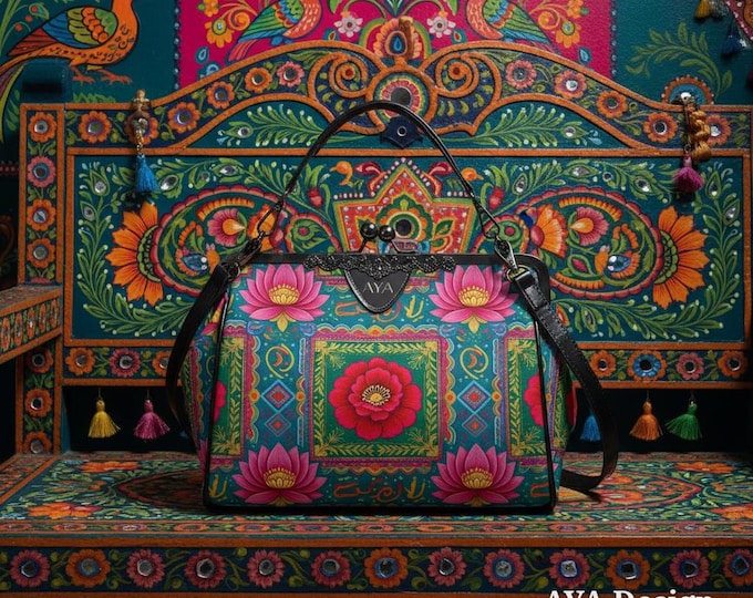 Custom Floral Kisslock Crossbody Bag | Vintage Maximalist Vegan Leather Shoulder Purse