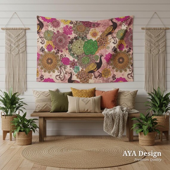 Vibrant Pakistan Truck Art Tapestry – Peacock Mandala Boho Wall Decor (60x40 Cotton Linen)