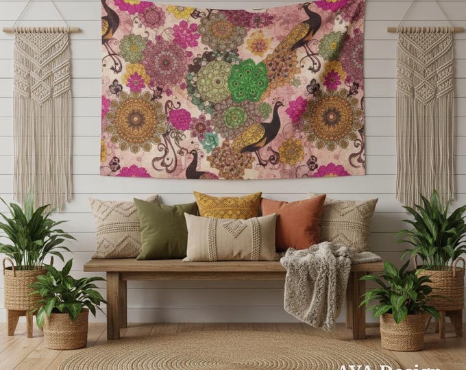 Vibrant Pakistan Truck Art Tapestry – Peacock Mandala Boho Wall Decor (60x40 Cotton Linen)