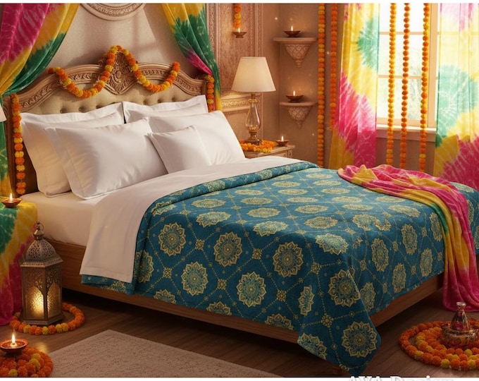 Teal Gold Mandala Fleece Blanket | Indian Boho Couch Throw, Plush Home Decor