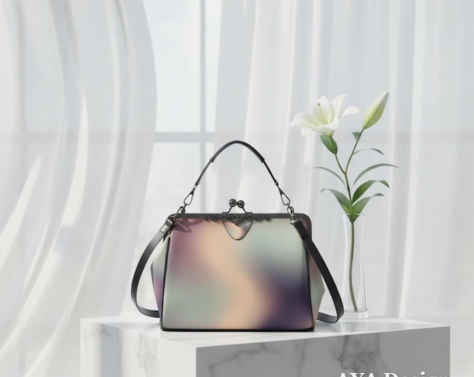 Iridescent Kisslock Bag, Vintage Style Crossbody Purse, Pastel Goth Shoulder Bag