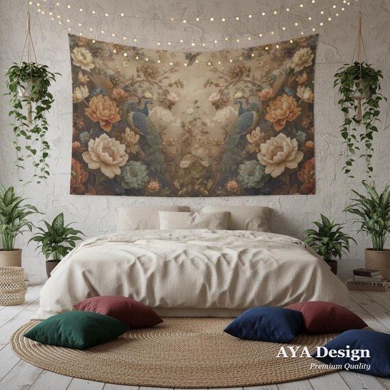 Vintage Persian Peacock Tapestry | Floral Botanical Wall Hanging, Dark Academia Boho Decor (90x60)